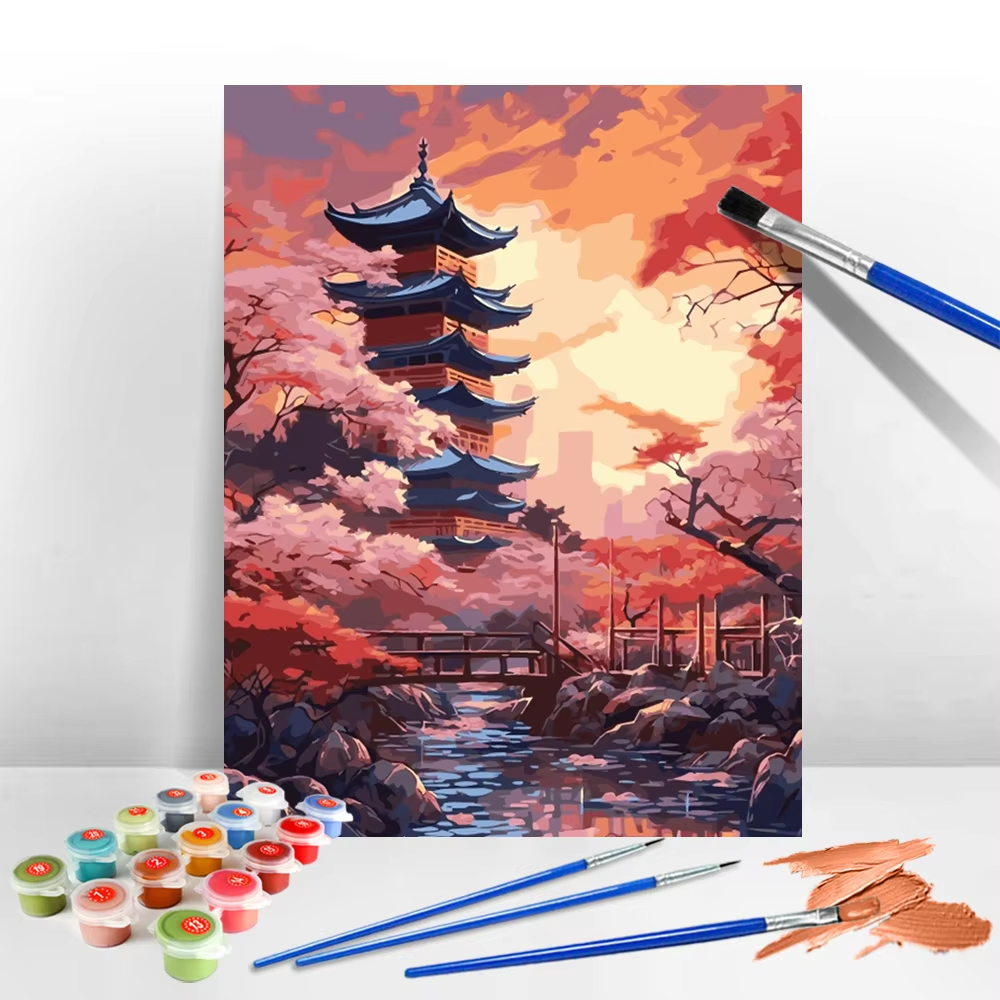 Japanese Lifestyle Movie - Handpainted Oil Painting Temple Tree Picture