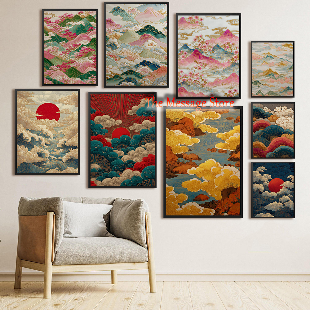 Japanese Lifestyle Home - Japanese Landscape Abstract Gold Clouds River